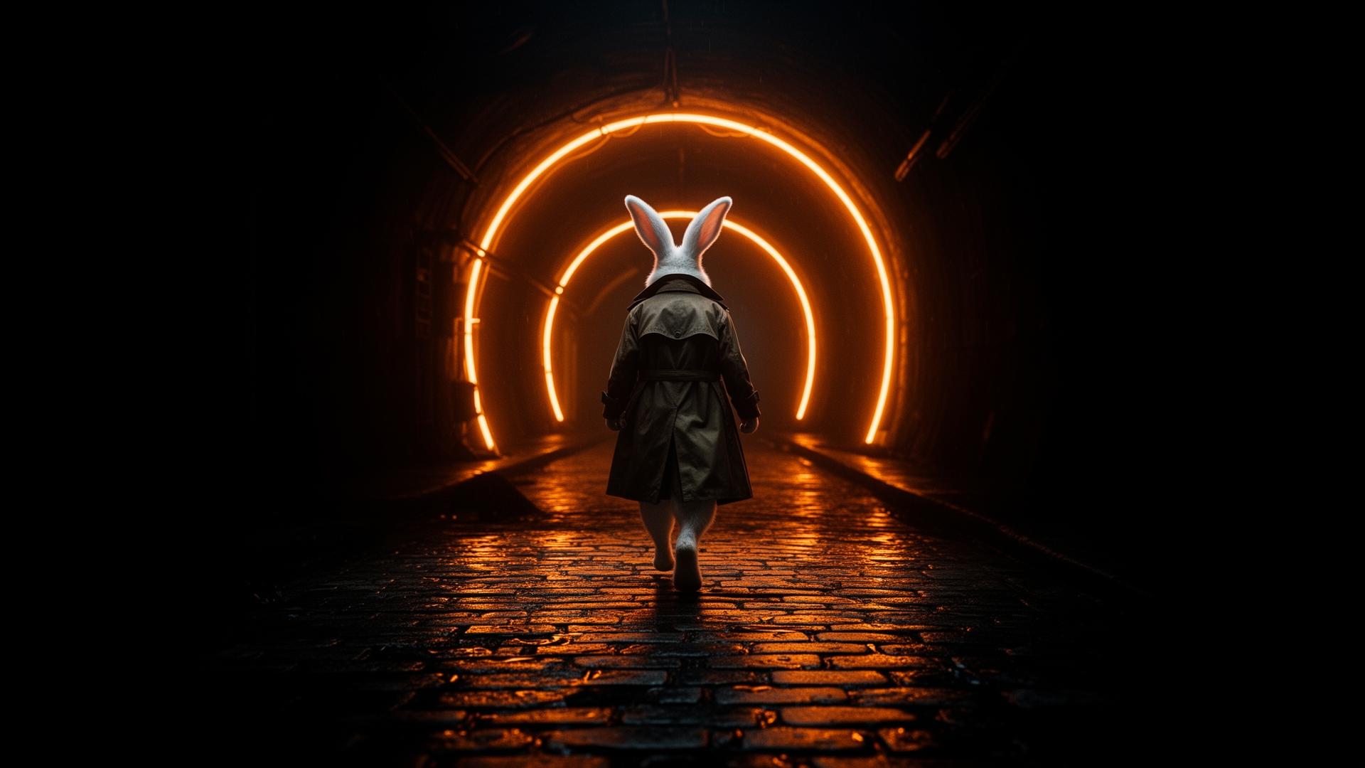 Weißer Hase im Trenchcoat läuft in einen leuchtenden orangenen Neon-Tunnel